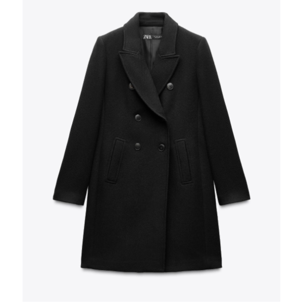 Zara Double Breasted Black Wool Coat - Size Small